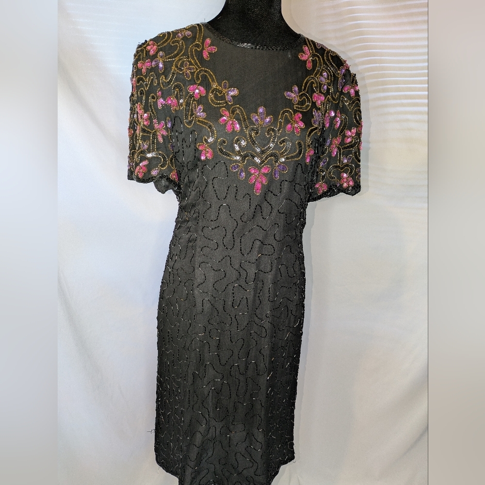 AP Ltd Vintage 1980s Black Silk Beaded Cocktail Dress